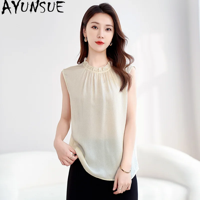 

AYUNSUE 100% Silk Women's Blouses and Shirts Fashion Sleeveless Tops for Woman Solid Commuting Summer Top Woman Clothes Рубашка
