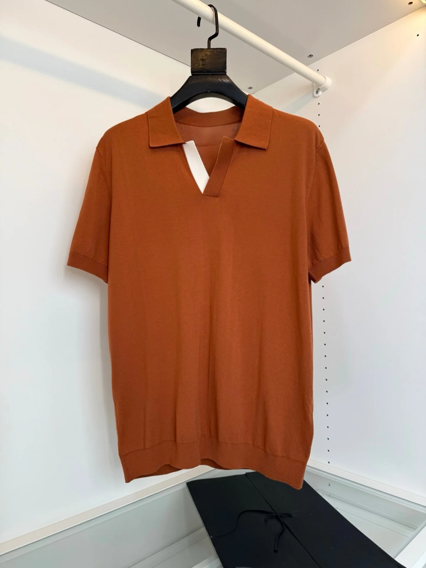 

Italian Style Men's Shirt Summer Classic Short Sleeve Knitted Silk Cotton Seagull Collar Old Money Style T-Shirt