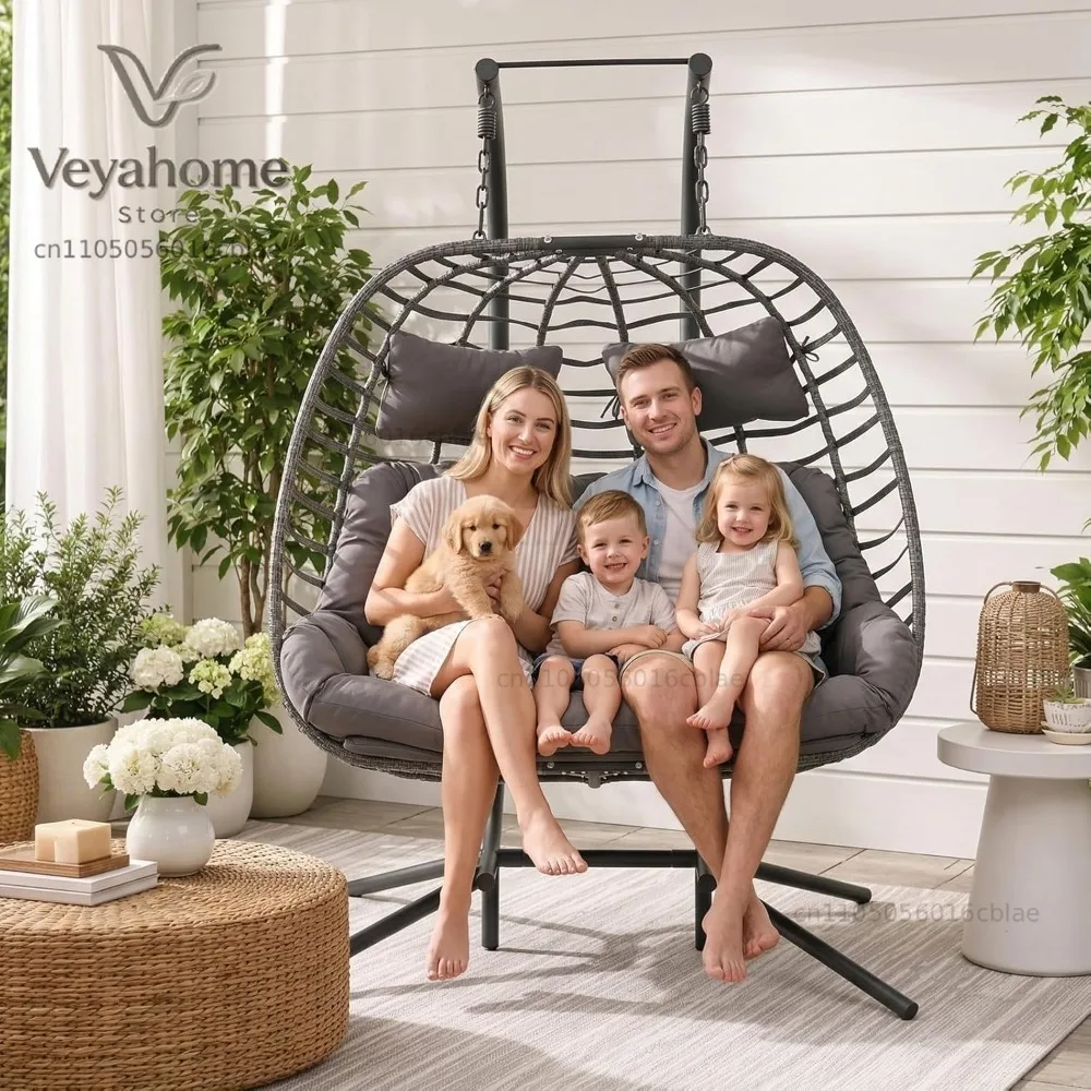 Double Egg Swing Chair with Stand for Outdoor, Patio Hand Made Rattan Wicker 2 Double Hanging Egg Chairs Hammock, Customized