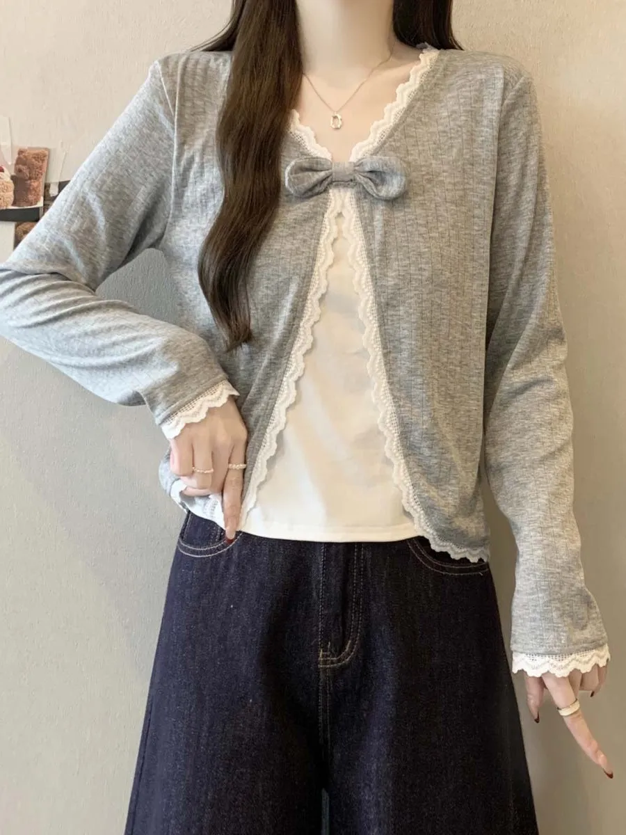 

plus Size Lace Long Sve Knitted Cardigan Women's Spring Sle Slimming Versatile Top French Sle Stand Structure Splic...