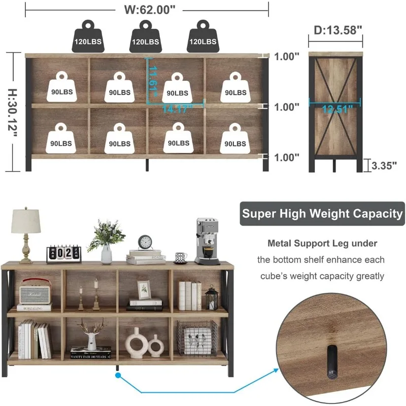 8 Cube Storage Organizer Bookshelf, Rustic Wood Cubby Bookcase, Industrial Horizontal Long Shelf for Living Room