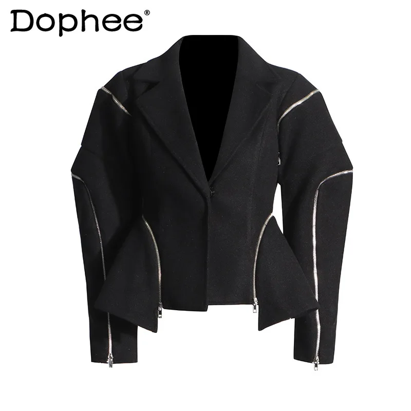 

Structural Irregular Black Suit Blazer for Women 2024 Spring New Zipper Patchwork Waist-Slimming Slimming Long Sleeve Suit Coat