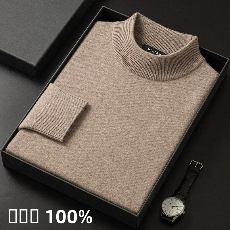 

Мужской вязаный шерстяной свитер с высоким воротником, 100% чистая шерсть, свободный крой, утолщенный, осенне-зимний, модный, повседневный, базовый стиль