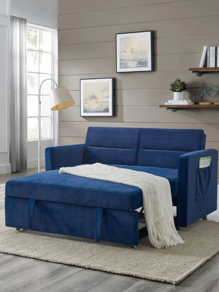 Loveseats Sofa Bed with Pull-out Bed，Adjsutable Back and Two Arm Pocket，Blue （54.5“x33”x31.5“）