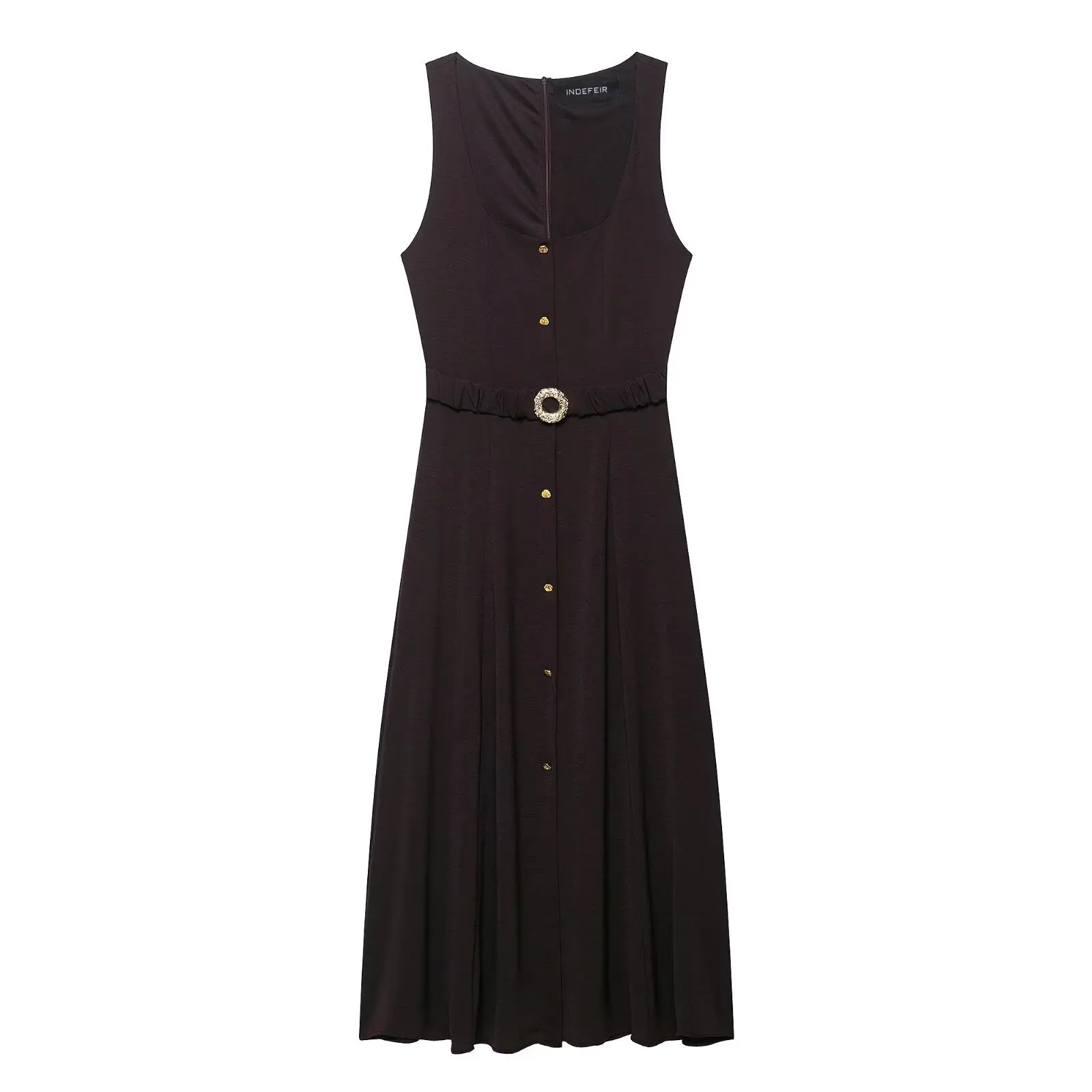 

Women's Elegant Vintage Midi Dress Round Neck Solid Color Sleeveless Single Breasted with Belt A-Line Summer Casual Dress