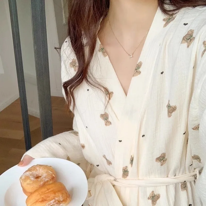 잠자는 가운 여성 봄과 가을 새로운 일본식 스타일 귀여운 목욕 가운 곰 긴팔 캐주얼 공주 스타일 홈 의류