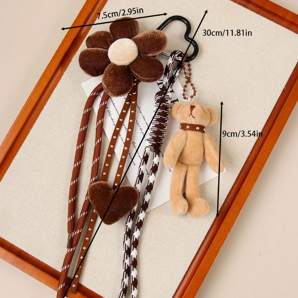 Teddy Bear Bag Charm Brown Flower Heart Rope Multi Charm Keychain Purse Decoration Handbag Accessory Cute Fashion Gift For Women
