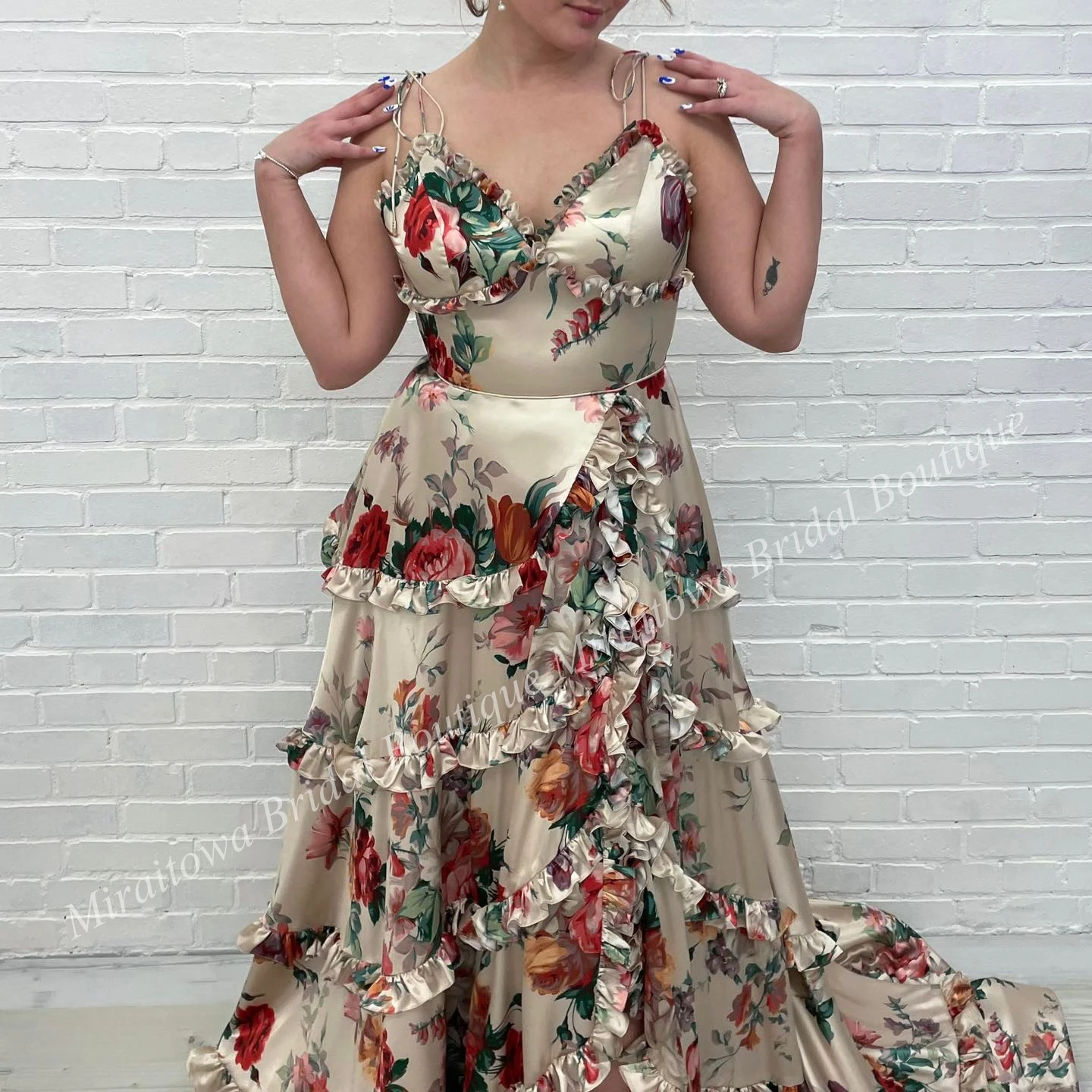 Print Floral Prom Dress Ruffle Champagne Winter Formal Evening Party Gown Special Occasion Pageant Golden Globe Award Homecoming