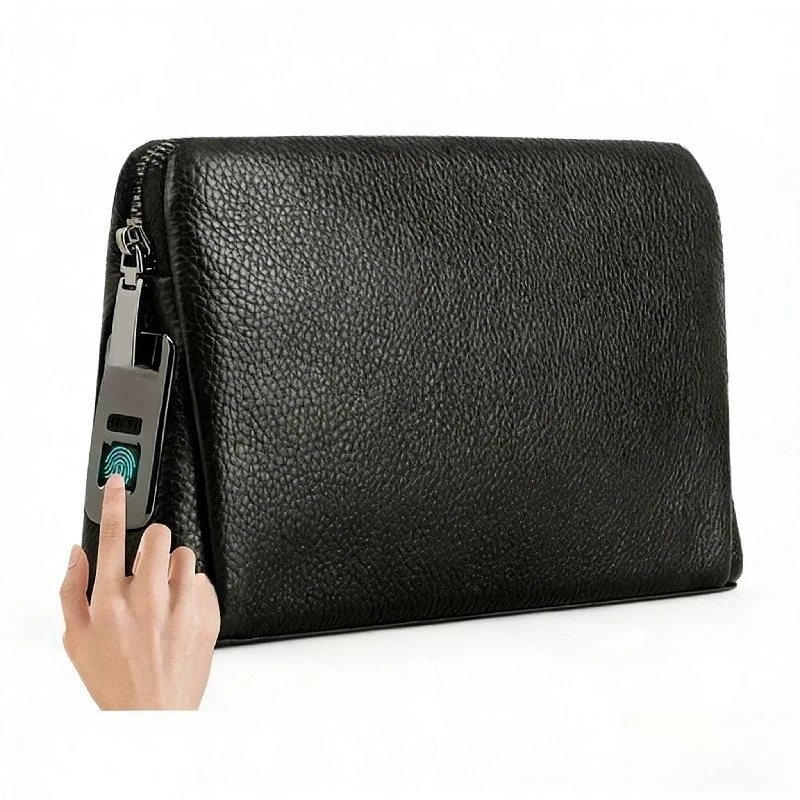 Men'S Fingerprint Lock Bag, Leather Handbag, Long Money Wallet, Mobile Phone , Anti-Theft Messenger Pouch