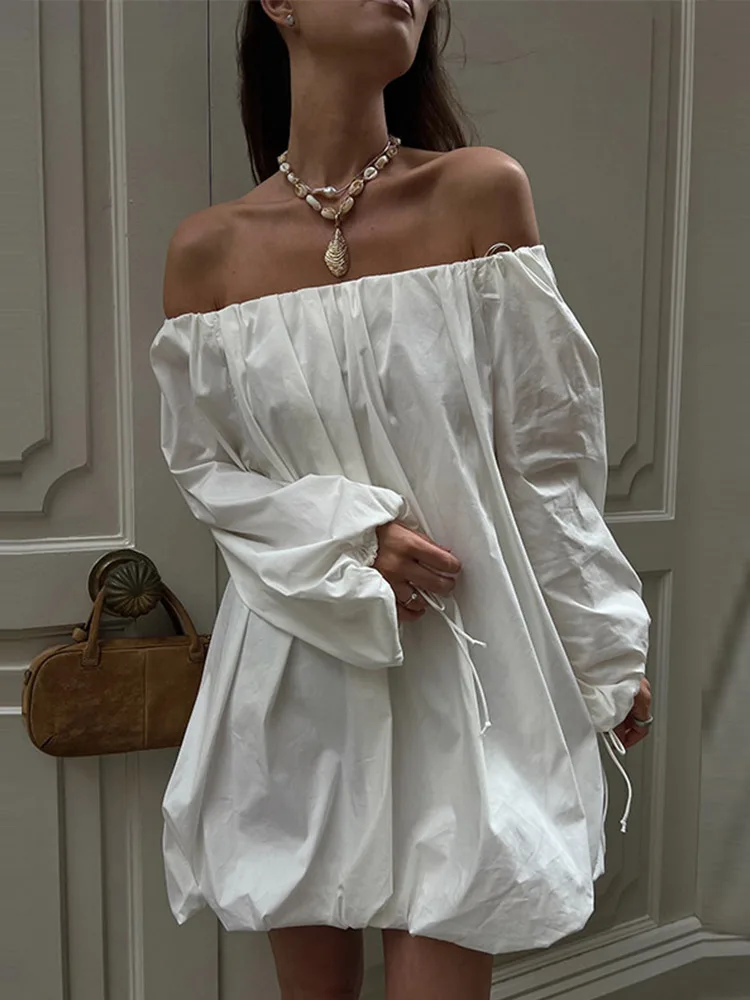 

Boat Neck Backless Dress Woman Pleats Solid Color Loose Short Floral Bud Dresses Casual Versatile Fashion Women's Chic New Dress