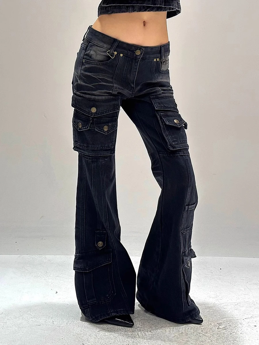 REDDACHiC Cyber Y2k noir Flare jean rue Vintage lavage multi-poches extensible taille basse Cargo pantalon Grunge femmes cloche bas