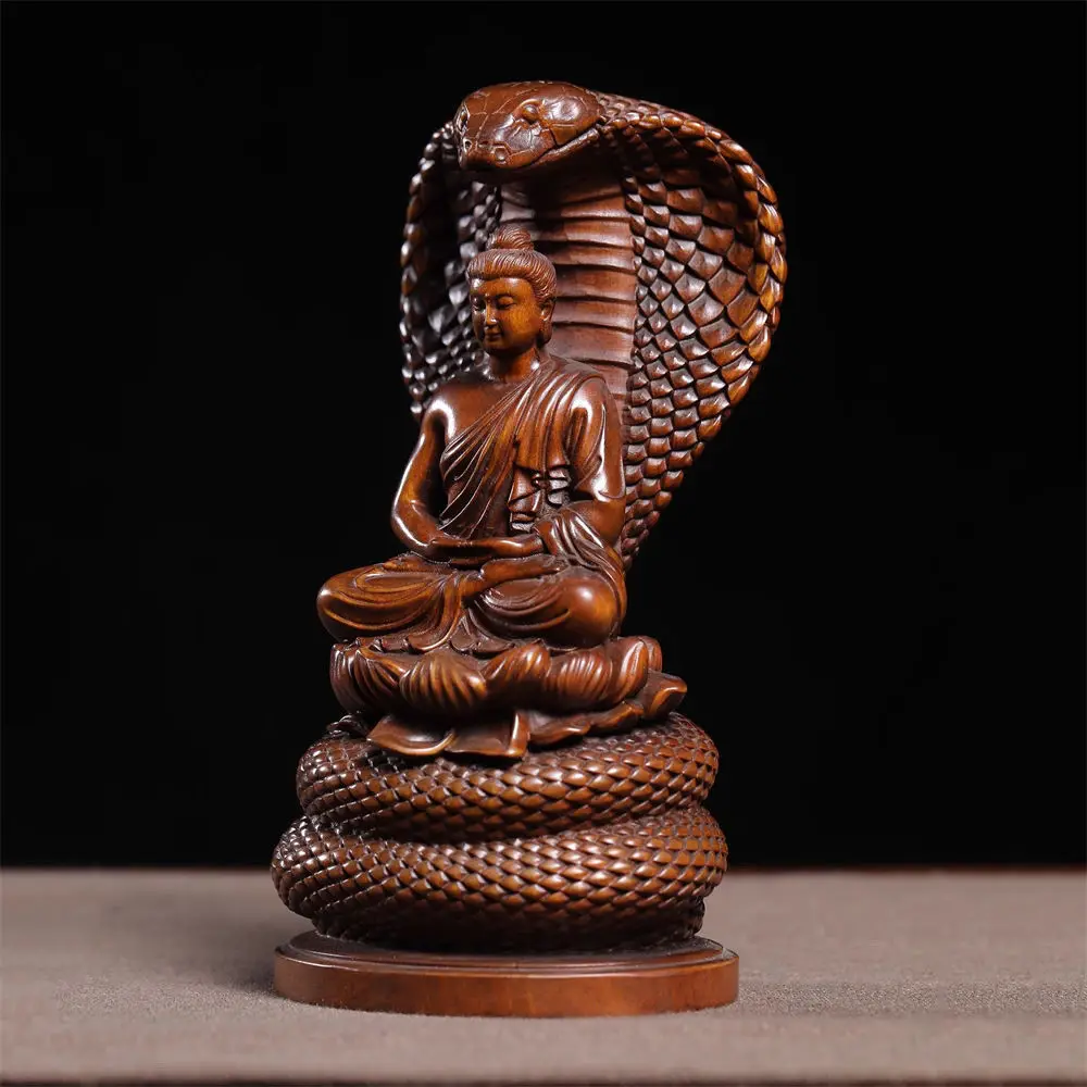 15 CM Tall Shakyamuni with Cobra Snake Boxwood Figurine Carving Buddha Feng Shui Sculpture Live Room Decor