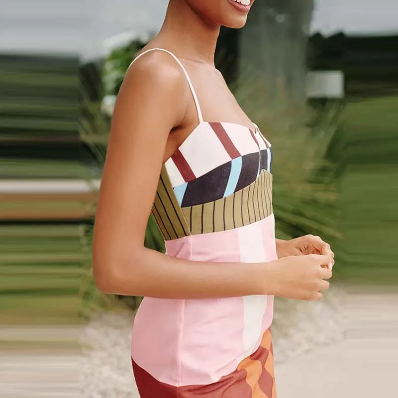 Lazer sem costas magro festa envoltório quadris vestido feminino novo sem mangas bohe vestido elegante contraste cor impresso suspender mini vestido