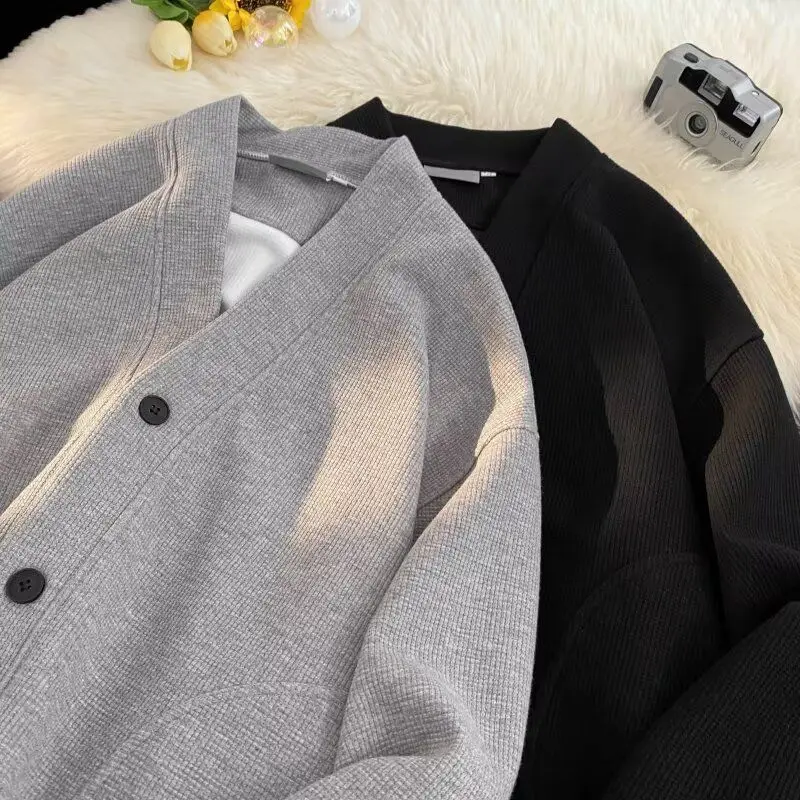 

Тяжелый вязаный свитер с v-образным вырезом, повседневный свободный крой, однотонный осенне-зимний открытый кардиган, мужской модный удобный полиэстер F...