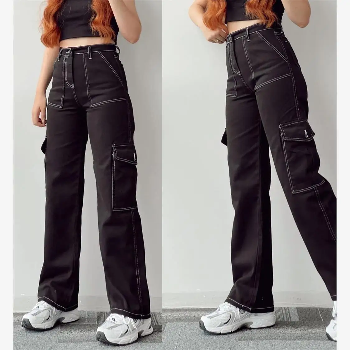 

Black Denim Work Pants High Waist Long Trousers Wear-Resistant Casual Jeans Pocket Design for Young Women Autumn Fashion