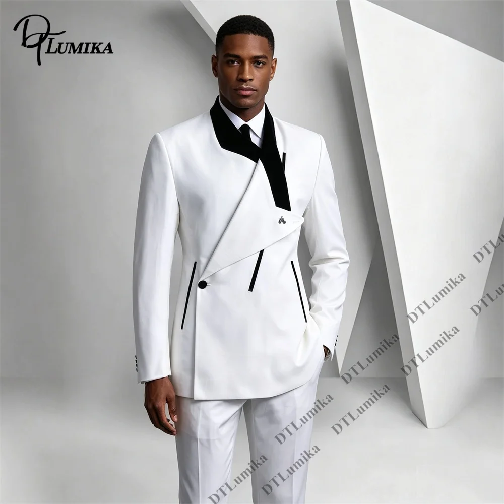DTLumika Tailored Men's 2 Piece Suit White Black Contrast Asymmetric Lapel Slim Fit Wedding Groom Prom Fashion Formal Party Set