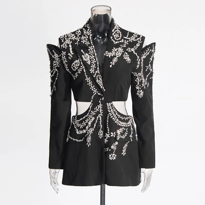 ZAMOR HIGH QUALITY Women's Sexy European Style Blazer 2026 Autumn New Rhinestone Studded Heavy Work Waist Exposed Long Sleeve Co