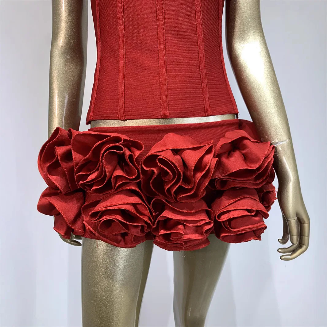 

Сексуальная красная бандажная юбка, укороченный топ с цветочным принтом и ультра-короткая юбка, комплект из двух предметов для женщин, полиэфирное волокно