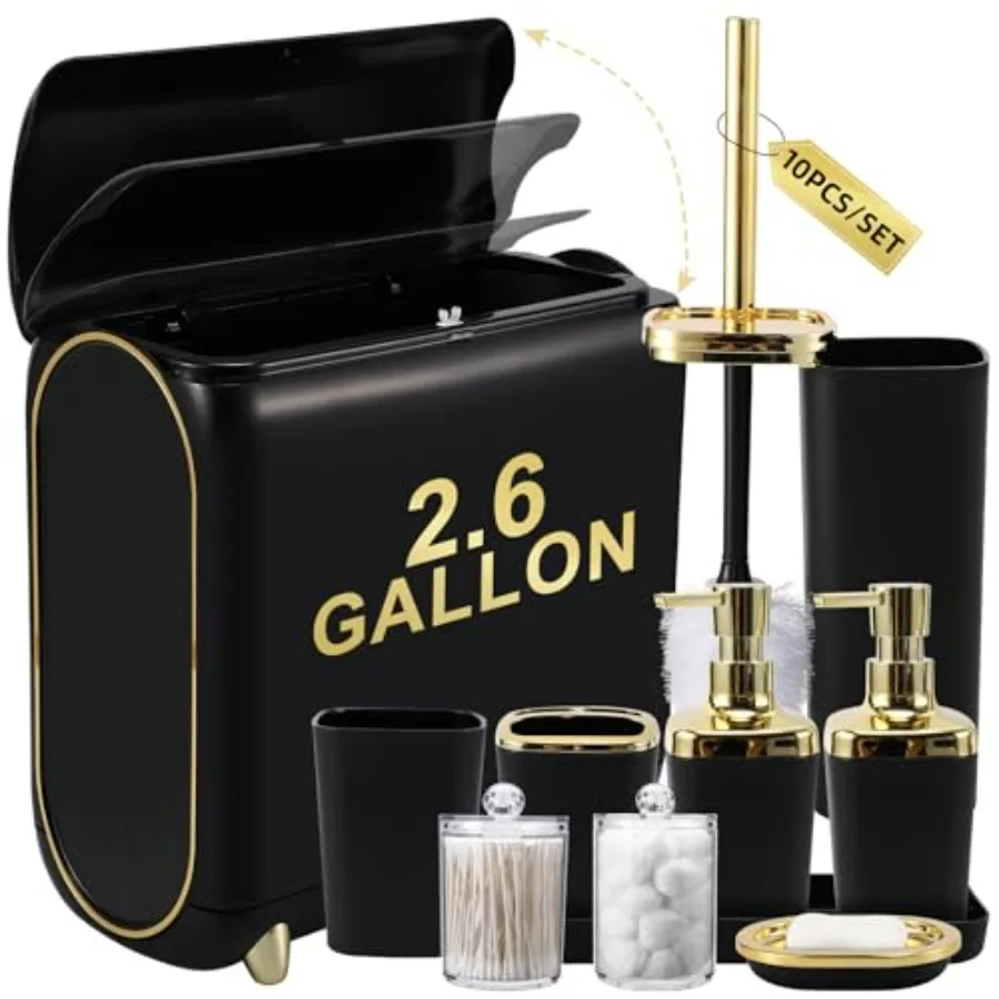 

Bathroom Accessories Set 10 Pieces Black and Gold Bathroom Set with Slim Trash Can Soap Dispenser Toilet Brush Toothbrush Set Q