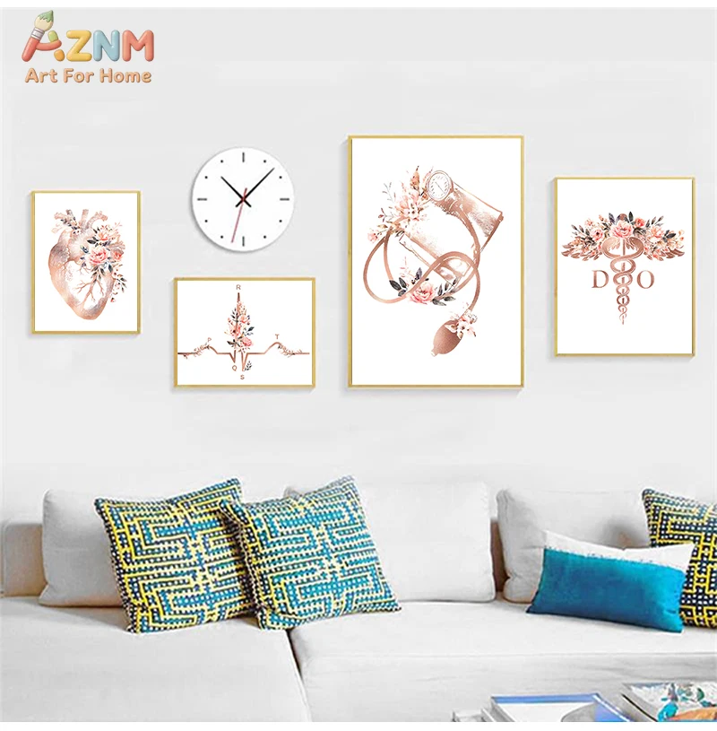AZNM Rose Gold Floral Medical Canvas Wall Art, Stethoscope Anatomical Heart Caduceus Nurse Doctor Clinic Home Wall Decor Unframe