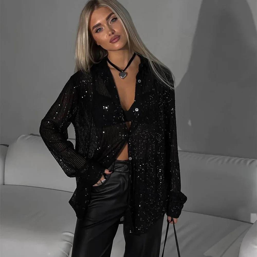 Fashion Silver Sequins Women\'s Shirt Sexy See-Through Long Sleeve Single Breasted Shiny Shirt Loose Fit Glitter Design Tops