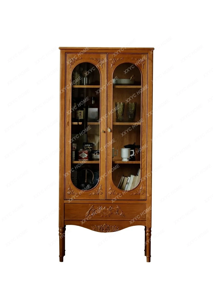 ZH Cherry wood French retro style home bookcase wine cabinet, medieval storage display cabinet