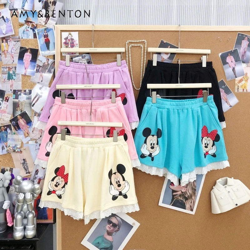 

New Korean-style Sweet Design Lace Splicing Cartoon Print Short Pants Elastic Waist Multi-color Wide-leg Shorts Kawaii Clothes
