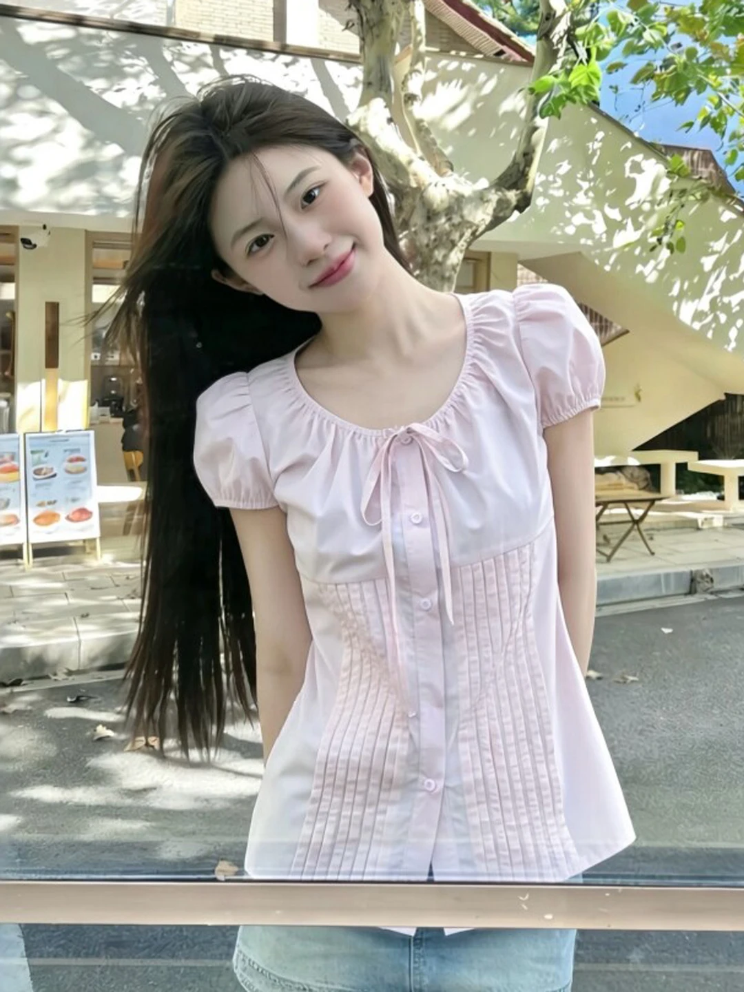 

Женская модная летняя рубашка 2026 года с эффектом похудения, уникальная, красивая, в нежном стиле, с коротким рукавом, круглым вырезом, из хлопка