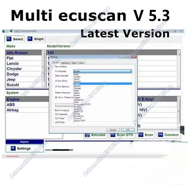 2026 Multiecuscan V5.3 for European models obd2 Scanner Maintenance Software Work for ELM327 Flat Adapter Registered keygen