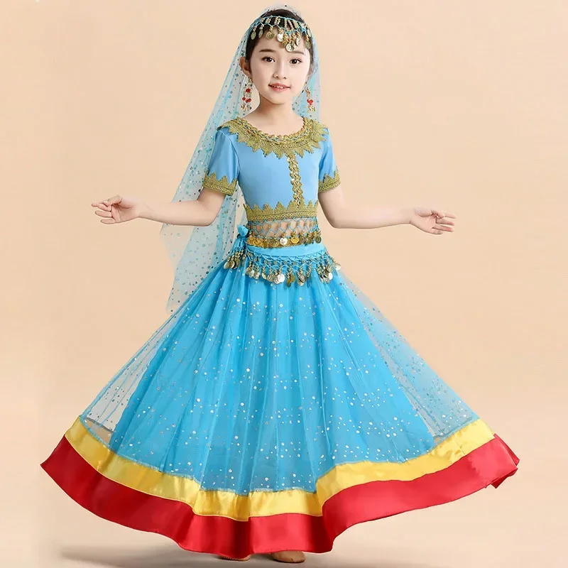 Kids Girls Belly Dance Costume Outfit Indian Bollywood Festival Halloween Dress 4Pc Set (Top Belt Skirt headpiece veils)