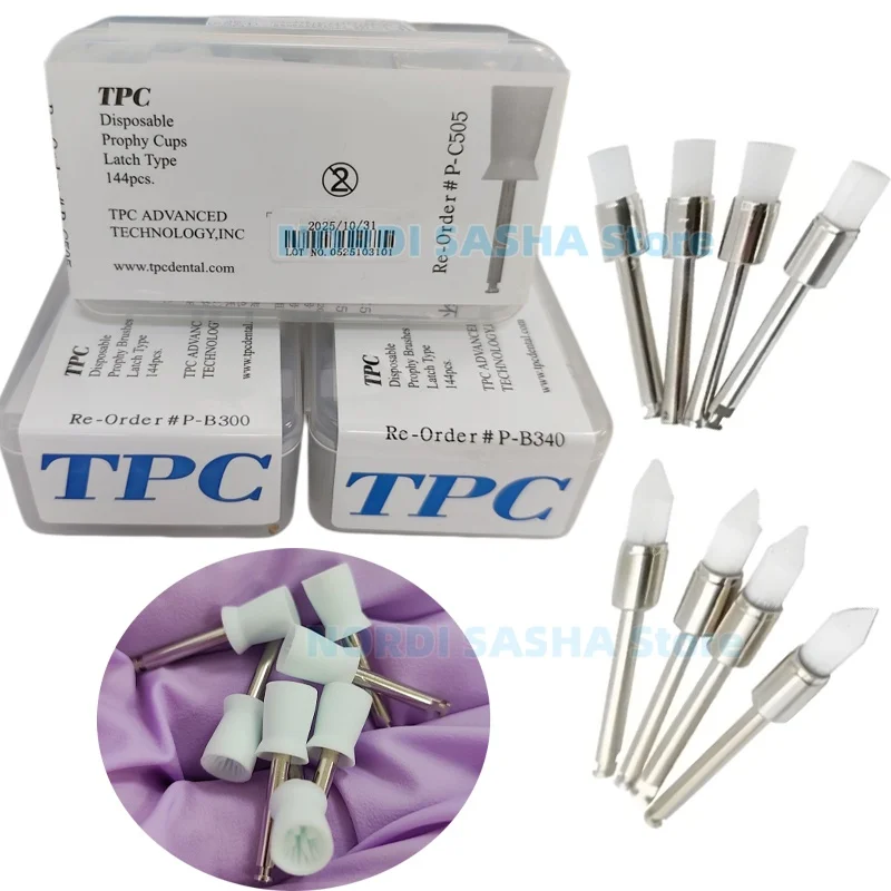 

144Pcs/Box TPC Dental Disposable Prophy Brushes Flat /Point Head Latch Type TPC Prophy Polishing Cups for Low-Speed Handpiece