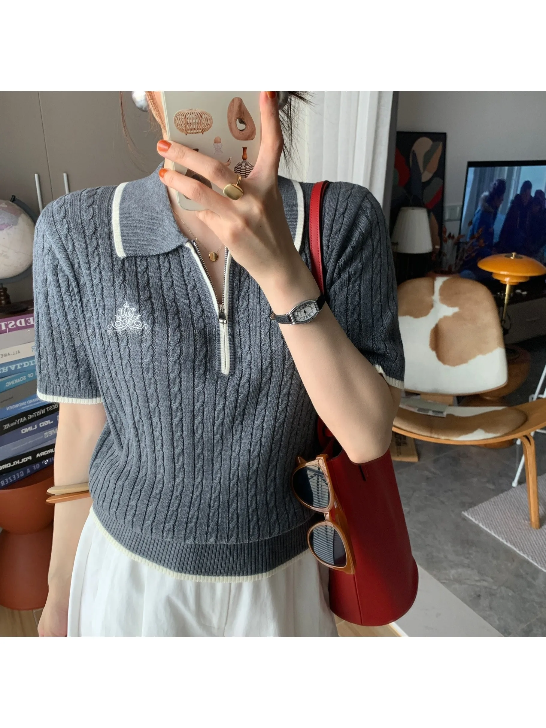 

Женская трикотажная рубашка Miss Bai Linglan в летнем студенческом стиле с цветными блоками, на молнии до середины груди, с коротким рукавом, из мягкой смесовой ткани (полиэстер, нейлон)