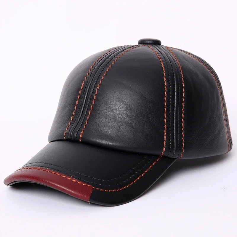 Men's Winter Cowhide Baseball Cap: Genuine Leather Hat for Seniors, Warm Baseball Cap with Ear Flaps