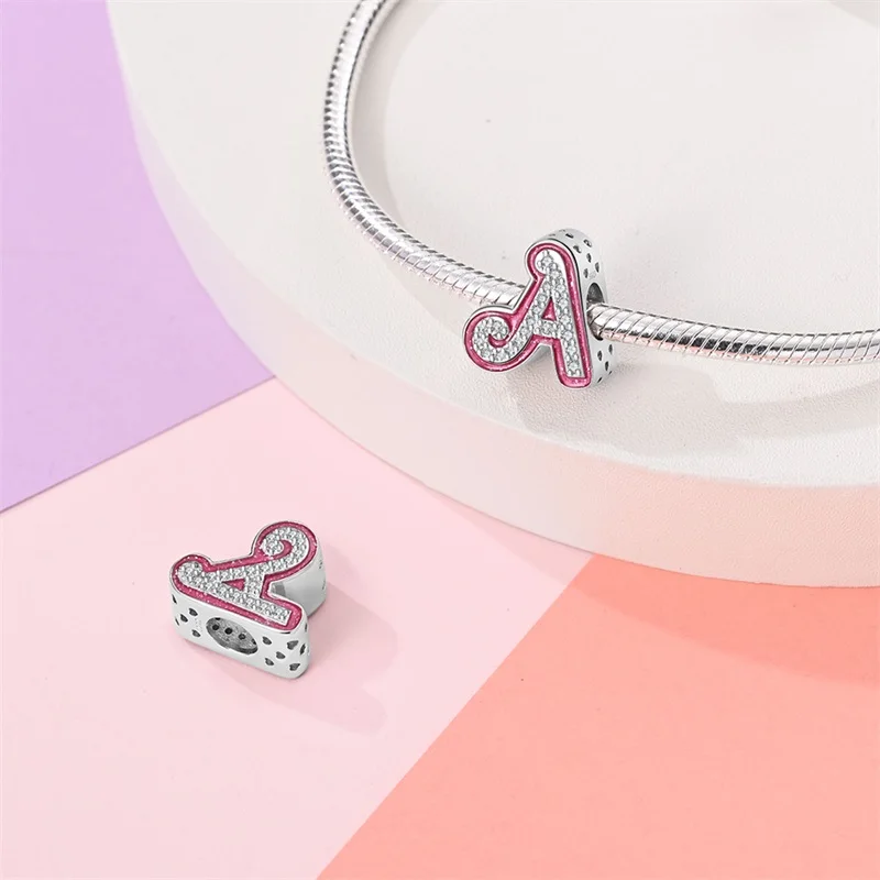 Hot Sale Silver 925 Charms Pink Zircon pave 26 Letter English Alphabet Bead Pendant Fit Pan Original Bracelet DIY Jewelry Making view 3