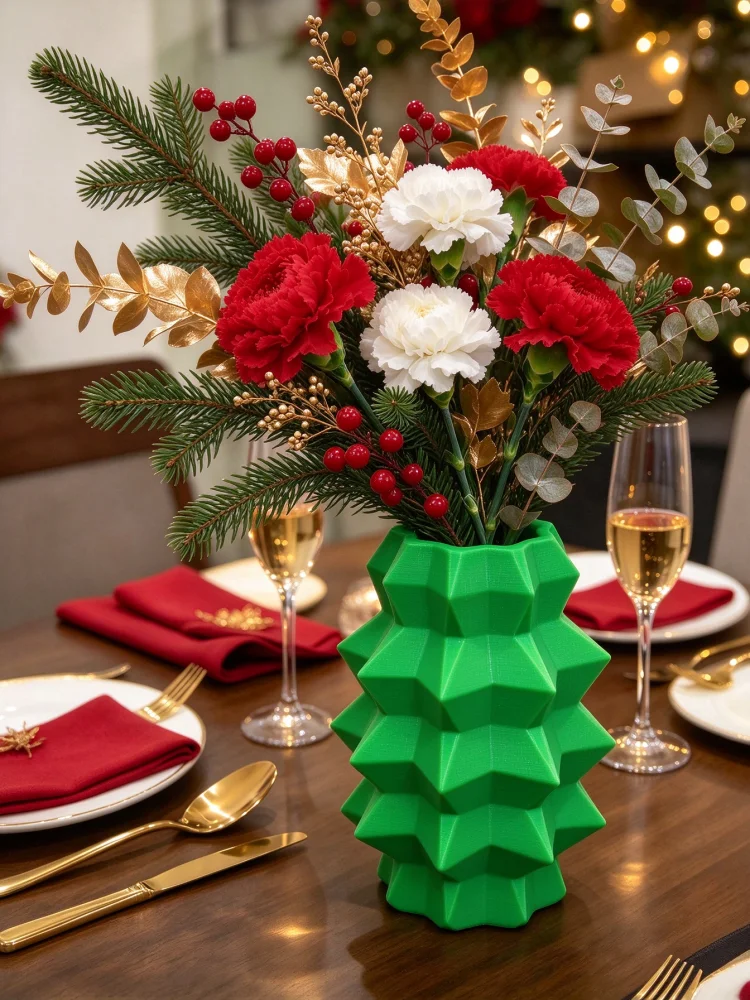 Mini Christmas Tabletop Decorative Vase, 3D Printed Green Geometric Christmas Tree Shape, Layered Pointed-Edge Floral Vessel, Pla Material Holiday Floral Container, Home Living Room Dining Table Fireplace Tabletop Ornament, Entryway Holiday Atmosphere Decoration, Christmas Home Decor Modern Layered Pointed-Edge Vase, Creative Holiday Party Decoration