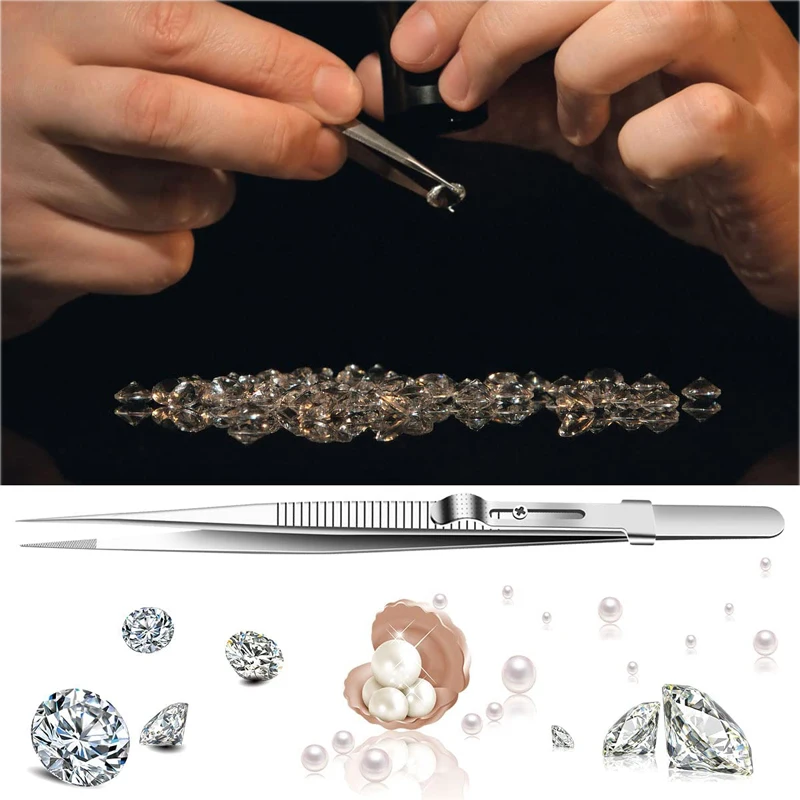 Stainless Steel Diamond Jewelry Tweezers Gemstone Pincette with Adjustable Antislip Lock Jewelry Tweezer Hand Tools