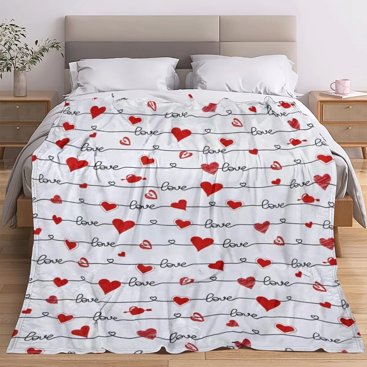 Hand Drawn Red Love Heart Arrow Pattern Fleece Blanket Cozy for Bed Couch Dating Picnic Indoor All Season Warm Holiday Use