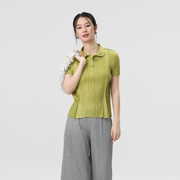 Miyake Pleated Green Polo Collar Button Down Short Sleeve Top Oversized Breathable Summer Women's T-shirts and Polos Clothing