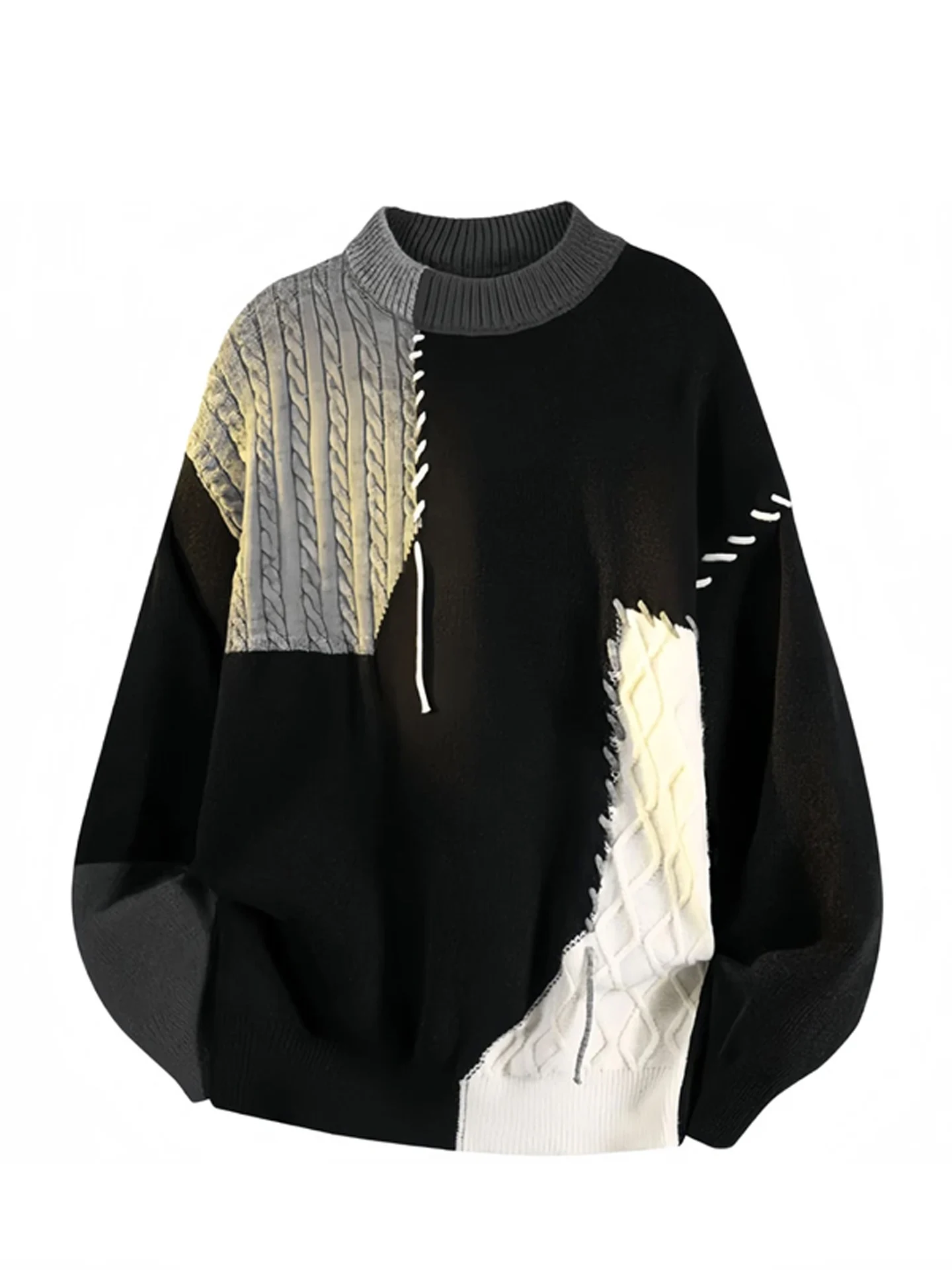 

Patchwork Knitwear Men's Autumn Winter High Contrast Color Design Heavyweight Retro Base Layer Sweater Casual Loose Fit round...