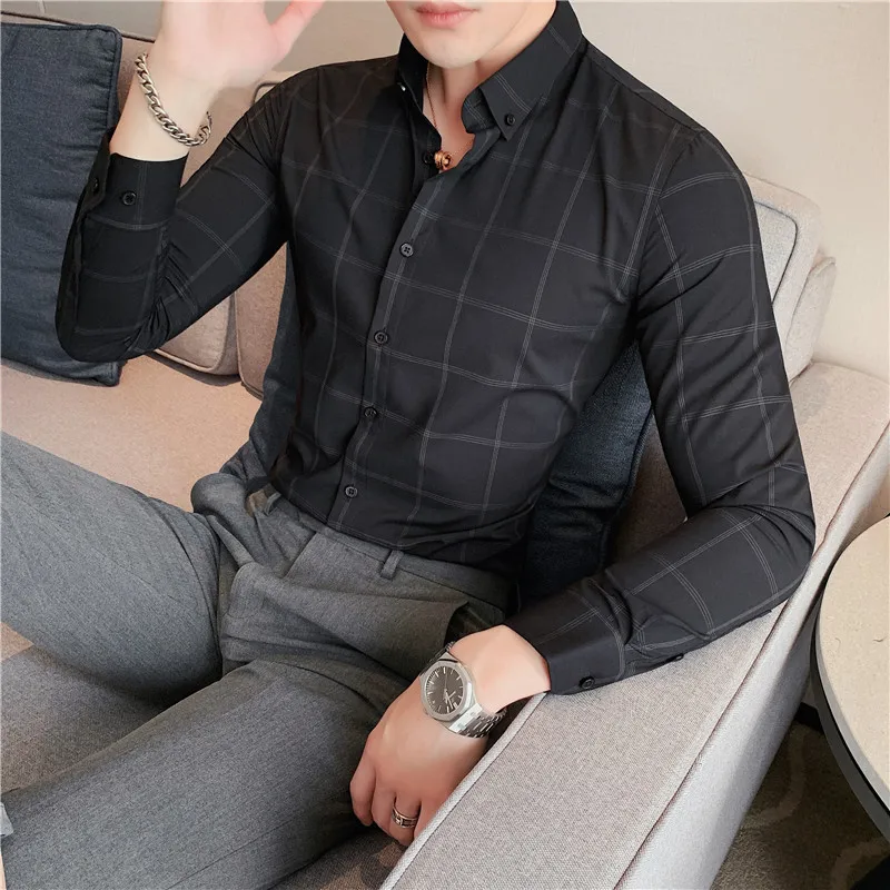 2023 Spring Business Casual Plaid Shirt Men\'s Formal Workwear Wedding Dress Slim Social Party Clothes Checked Shirt S-4XL