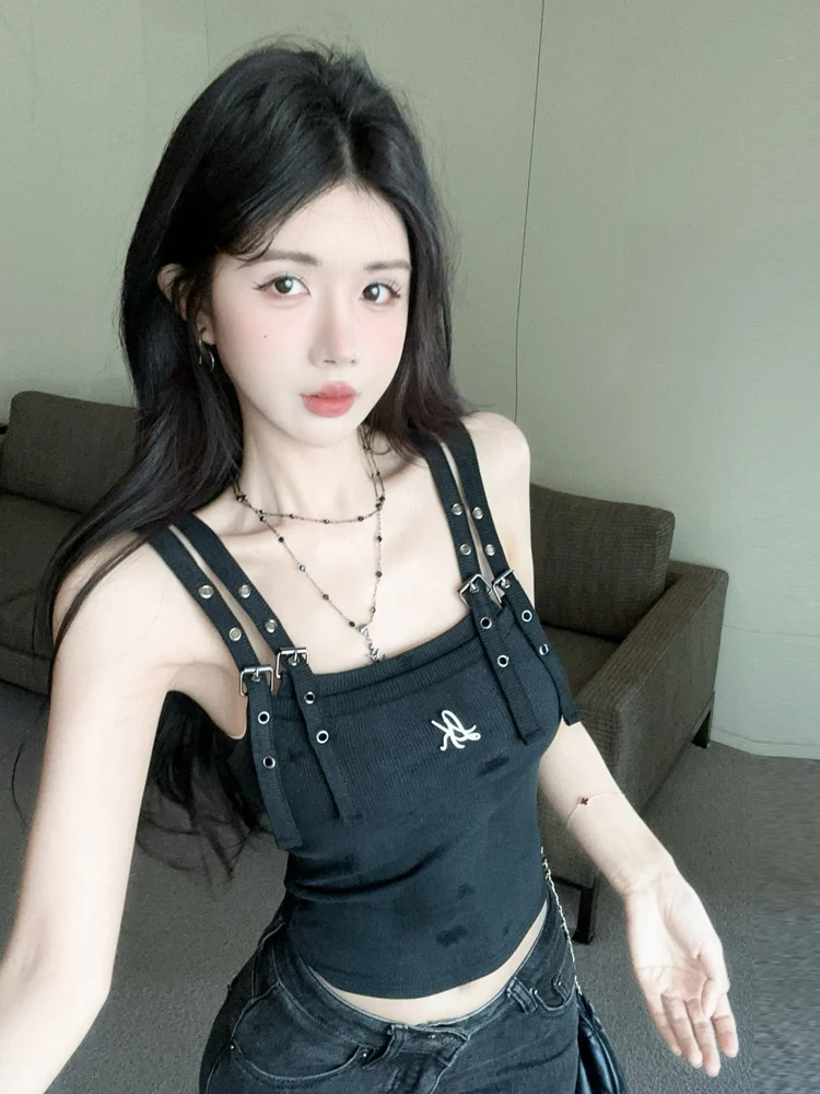 Sexy Tie-Dye Double Strap Crop Top Women's Slim Fit Base Shirt Fake Two-Piece Design Summer 2025 Outerwear Hanging Hook Closure