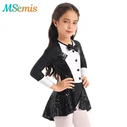 Crianças meninas lantejoulas collant vestido de dança de salão em torno do pescoço dancewear adornado collant com bainha lantejoulas brilhantes moderno jazz traje