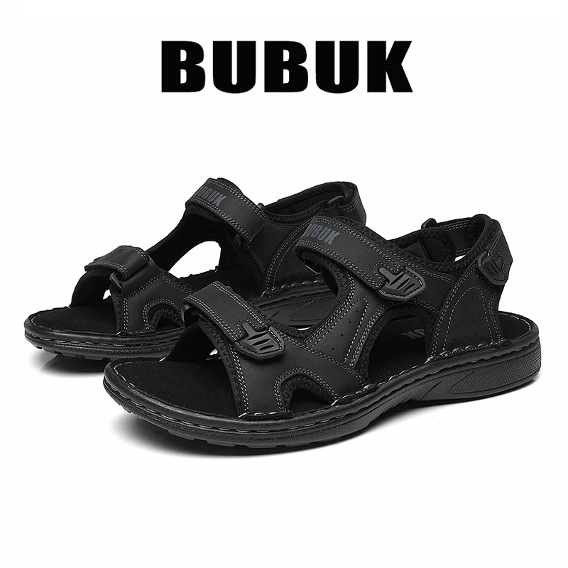 Bubuk Men's Outdoor Sandals Made of Top-Layer Cowhide, with Adjustable Velcro Straps, Non-Slip Thick Soles, Suitable for Beach, Hiking, Fishing, and Commuting