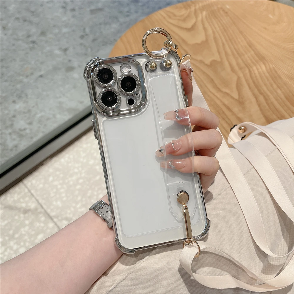 Plating Transparent Wrist Strap Holder Case For iPhone 14 Plus 13 12 11 Pro Max XR XS X Crossbody Lanyard Necklace Soft Cover