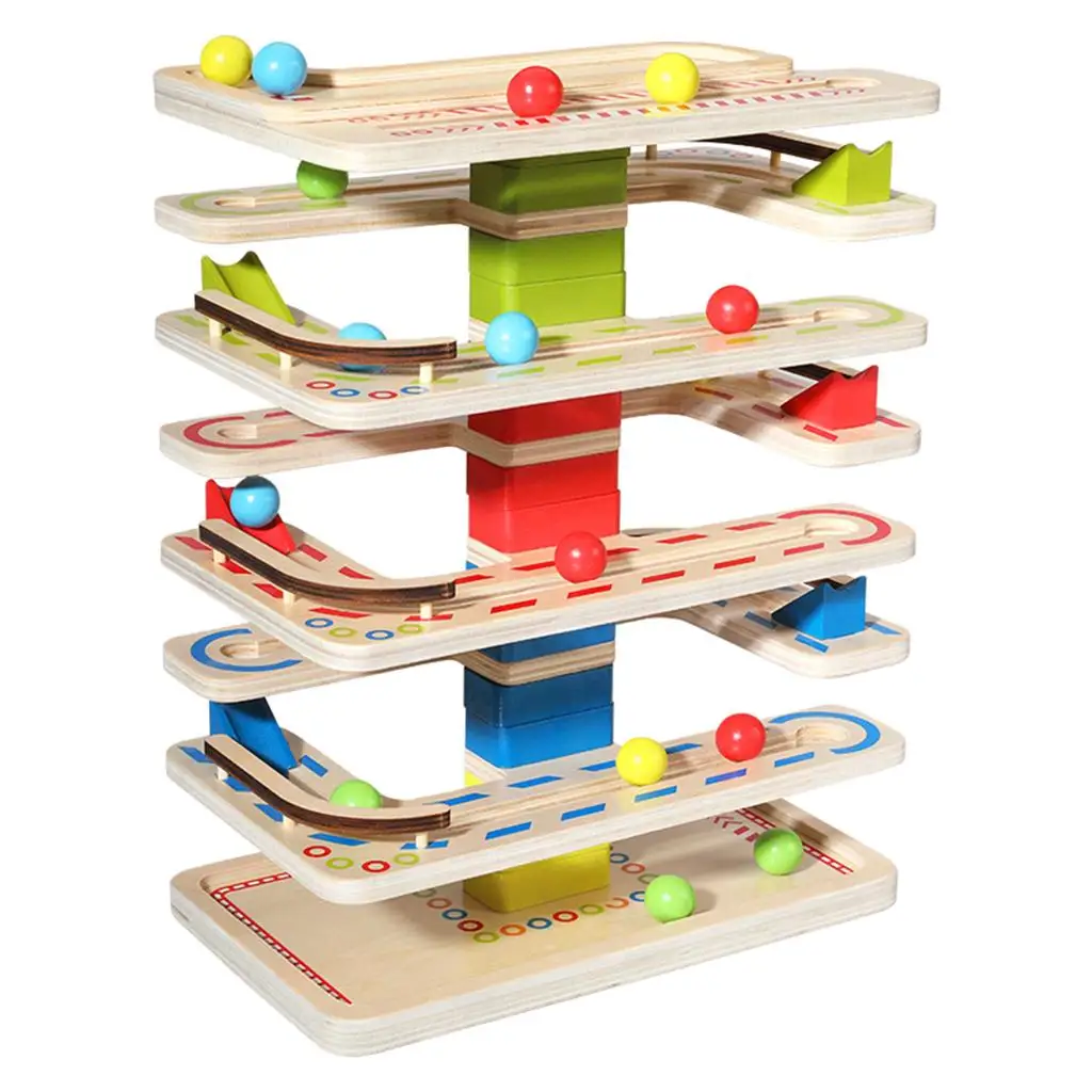 7 Layers Wooden Ball Ramp Racer with 4 Mini Balls for Toddlers Great Gift