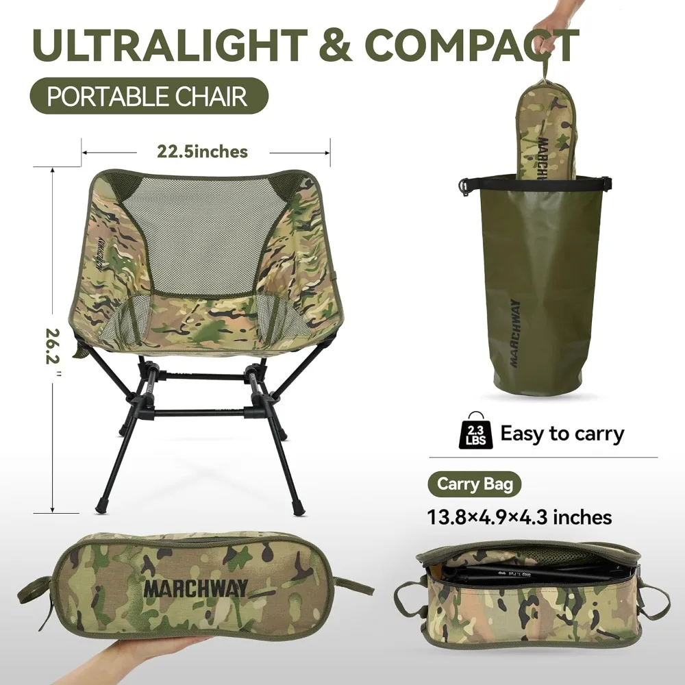 كرسي تخييم خفيف الوزن قابل للطي، مدمج عالي التحمل للسفر في الهواء الطلق، الشاطئ، المشي لمسافات طويلة، الظهر (موه) #3