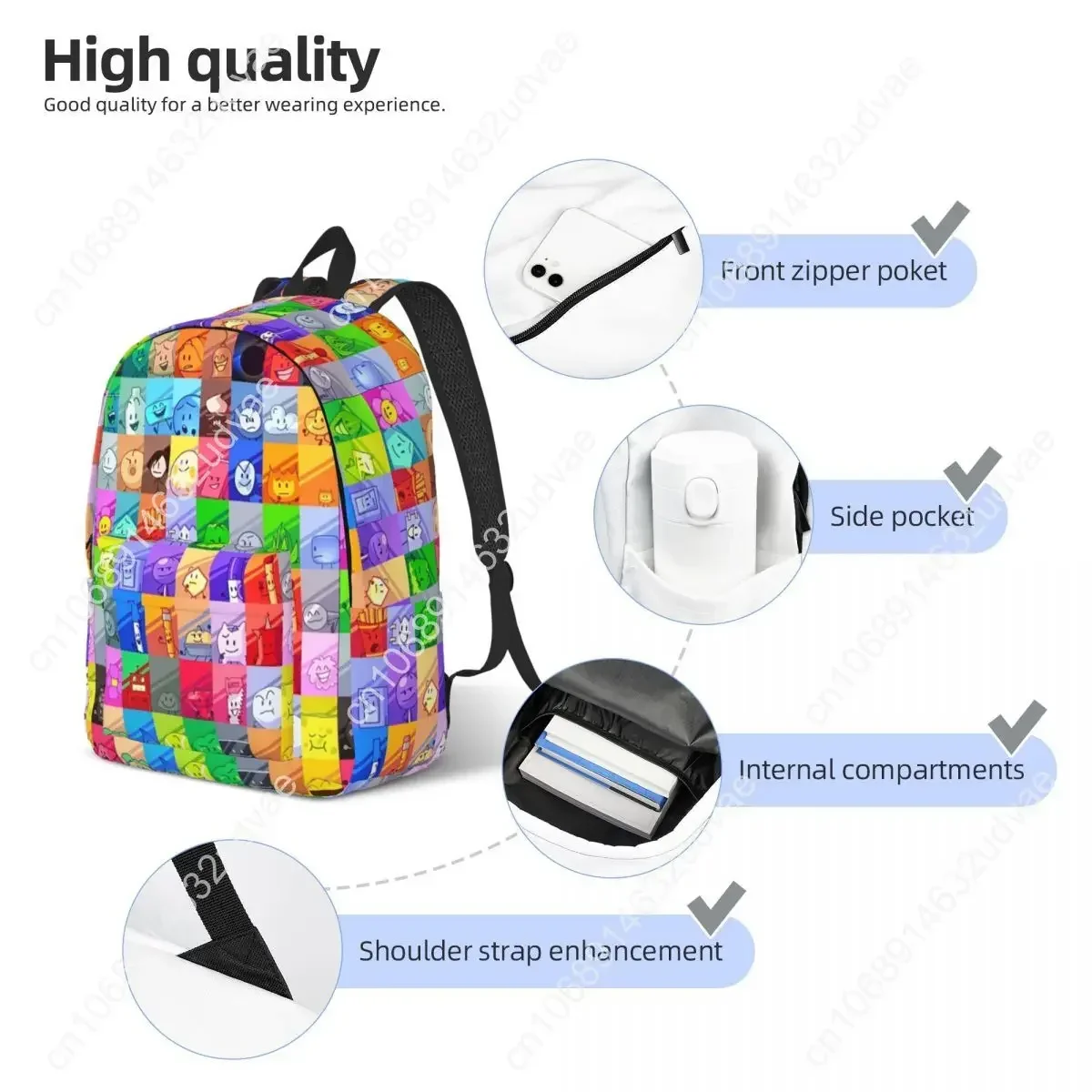 BFDI Inanimate Insanity Characters Ransel Kasual Ringan untuk Sekolah, Hiking, Travel, Battle Daypack, Tas Laptop Kanvas untuk Pria dan Wanita