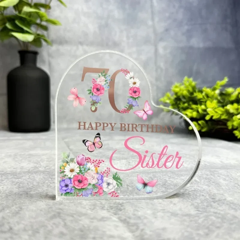 Heart Shaped Acrylic Plaque Happy 70th Birthday Sister Floral Butterfly Desk Decor