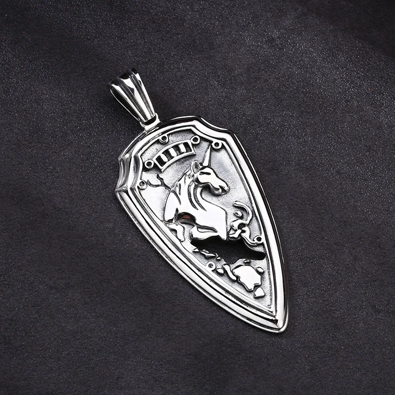 S925 Sterling Silver Unicorn Pendant Black Color Old Process Relief Design Unisex Shield Fine Jewelry FYNE363