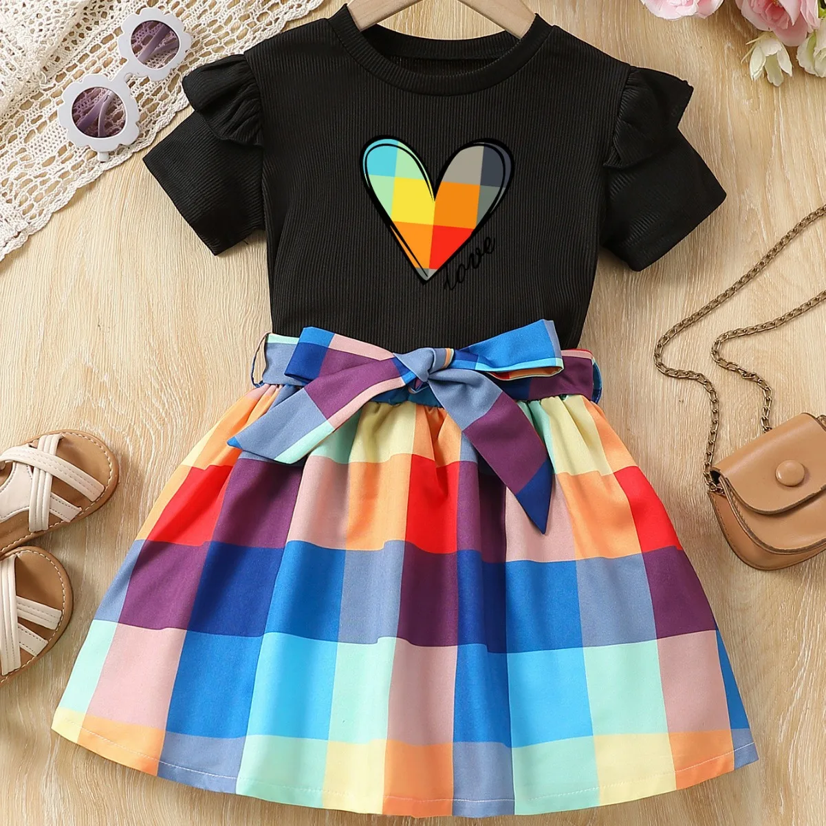 2024 Sommer Kinder Kleidung setzt Mädchen lässig niedlichen Herz druck Kurzarm T-Shirt Top Plaid Rock Kinder zweiteilige Kleidung